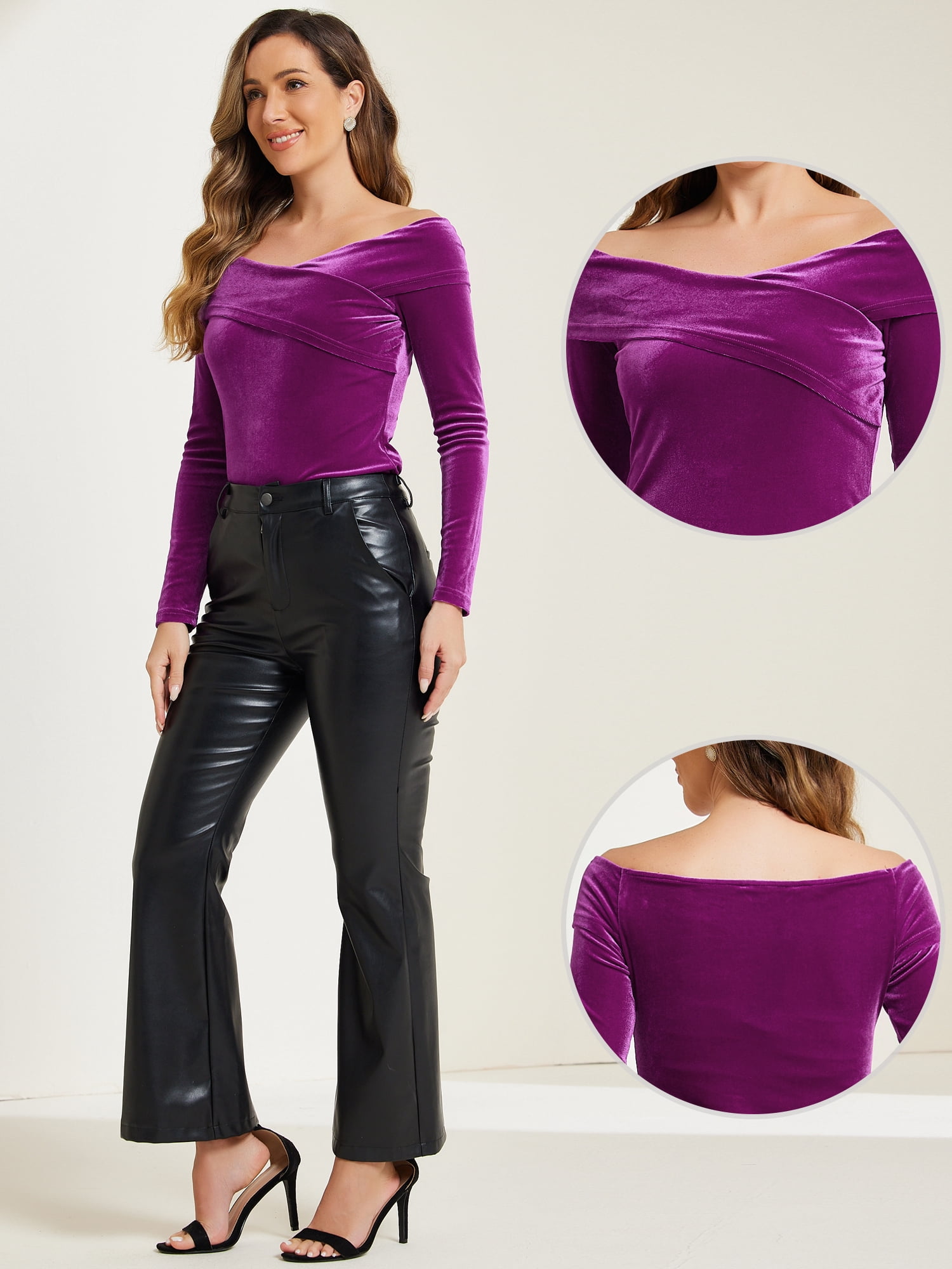 DARING DIVA Velvet Off Shoulder Long Sleeve Tops Dark S Purple