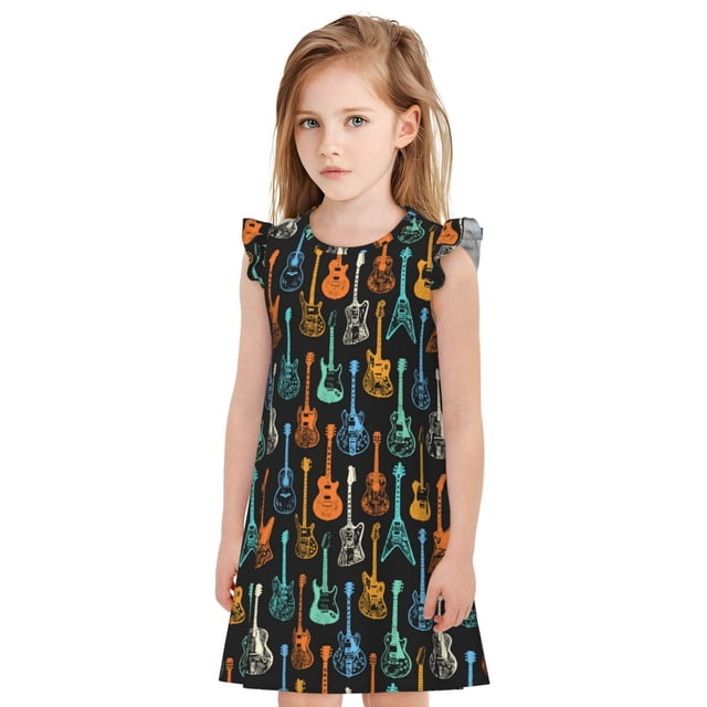 Balery Colorful Guitar Camisón de princesa para niñas, pijama de algodón con mangas abullonadas, suave y bonito.-XX-Large