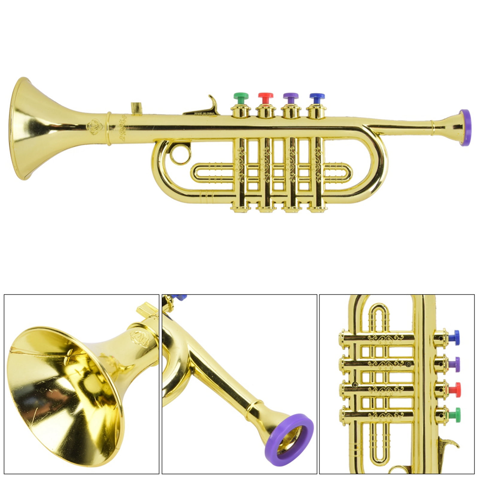 Kids Trumpet, Golden Plastic Trumpet Horn with 4 Colored Keys, Children's Trumpet Wind Instrument Brass Musical Instruments, Trumpet Toy Boys Girls