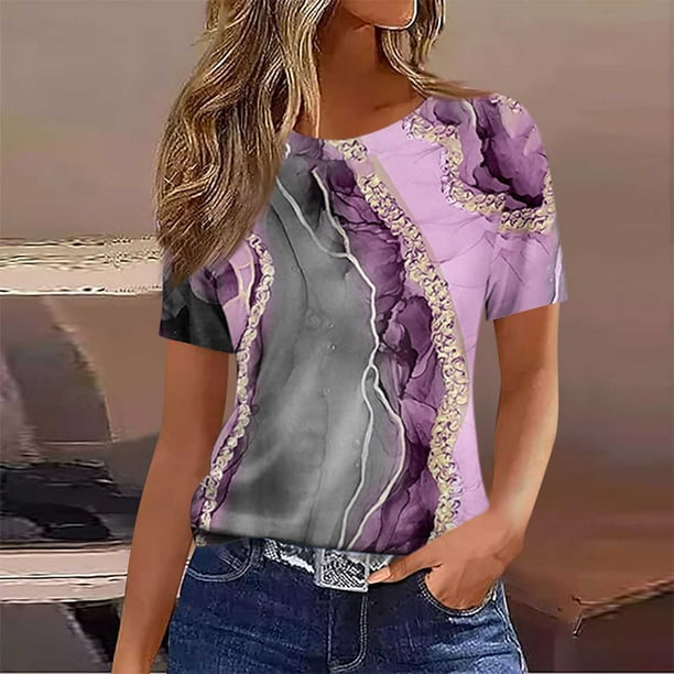 Puntoco Liquidación de camisetas cortas para mujer Camiseta estampada informal y de moda para mujer con cuello redondo y manga corta