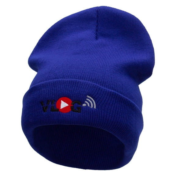 Vlog Embroidered 12 Inch Long Knitted Beanie - Royal OSFM