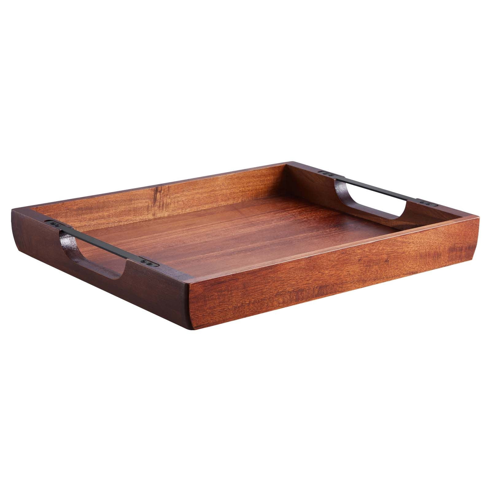 Wooden Serving Tray 17x12.2x1.97 Inch, Acacia Wood with Iron Handles, Durable Bonded Assembly, Versatile for Dining Table Kitchen Living Room Bar