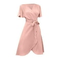 thumbnail image 4 of Baqcunre Womens Dresses Women'S Satin V Neck Waist Bell Sleeve Casual Fashion Dress Women'S Casual Dresses Midi Dress Pink Dress L, 4 of 8