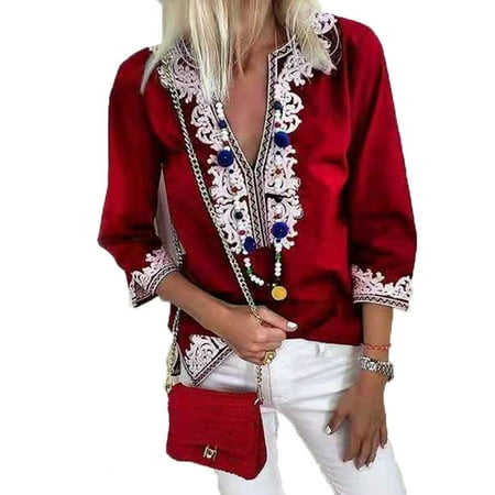 Trimmed Chiffon - Women's Fashion Floral Print Chiffon Trim 3/4 Sleeve Blouse Top Plus Size