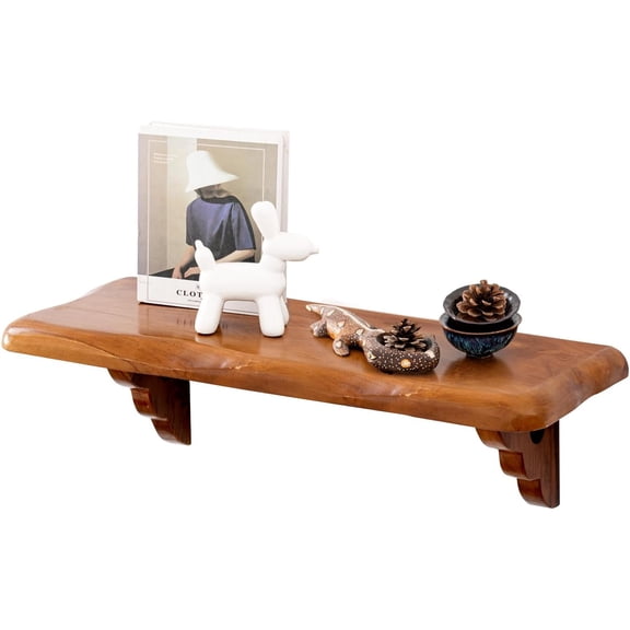 36" Live Edge Teak Wood Floating Shelf with Wood Bracket for Wall Decor – Rustic Wall Shelf for Living Room, Bedroom, Bathroom, Kitchen