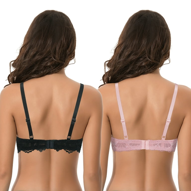 Curve Muse Women's Plus Size Push Up Add 1 Cup Underwire Perfect Shape Lace  Bras-2Pk-Black,Pink-32C