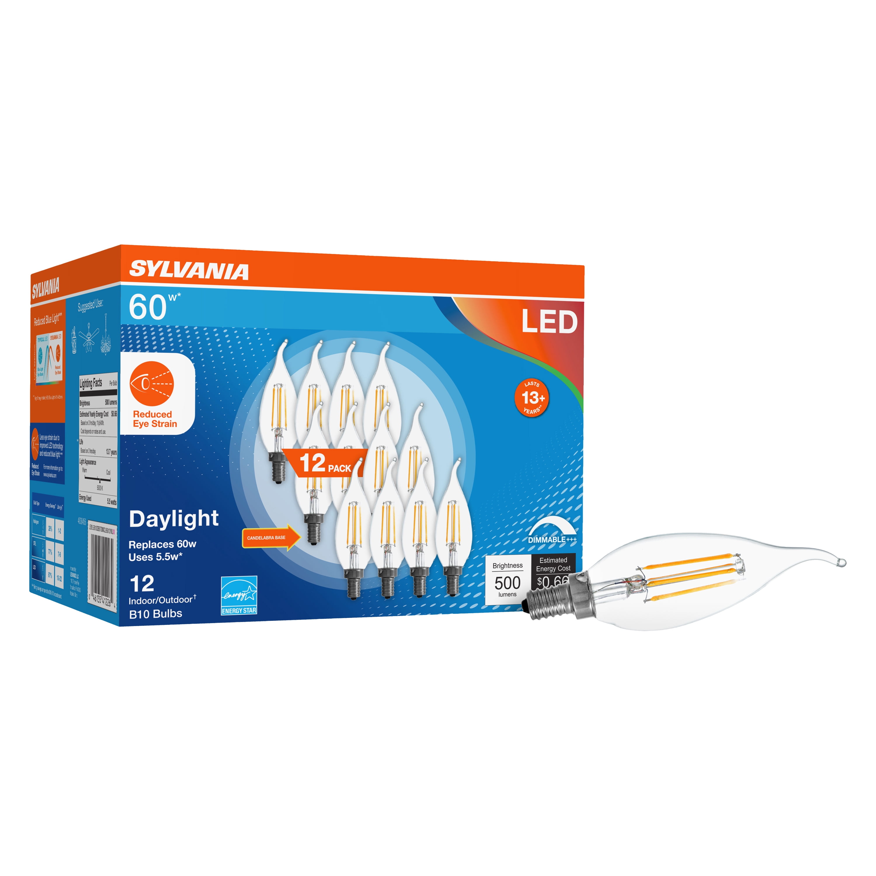 Sylvania LED Reduced Eye Strain B10 Light Bulb, 60W, Candelabra, Dim, Daylight, 12 Pack