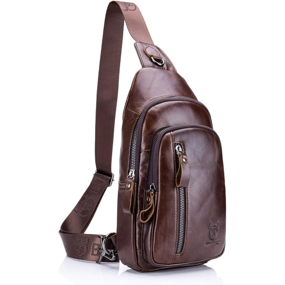 BULLCAPTAIN Genuine Leather Sling Bag Coffee Crossbody Backpack Daypack for Men