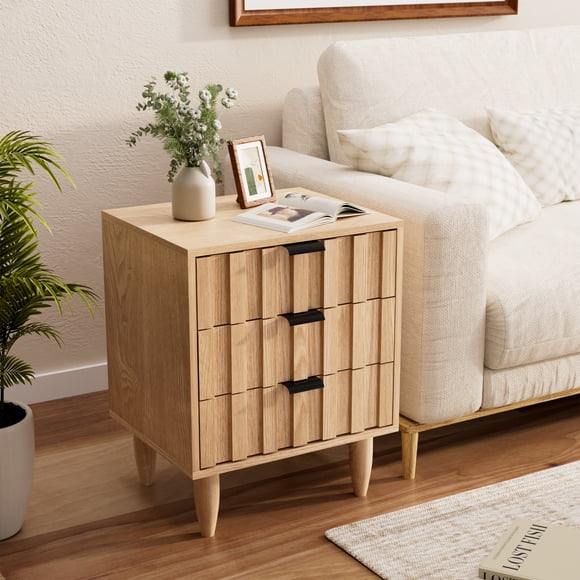 VERDALAY Mesita de noche, mesita con 3 cajones y patas de madera maciza resistentes, mesita auxiliar de madera con tiradores metálicos para dormitorio infantil, salón, dormitorio, pasillo, muebles