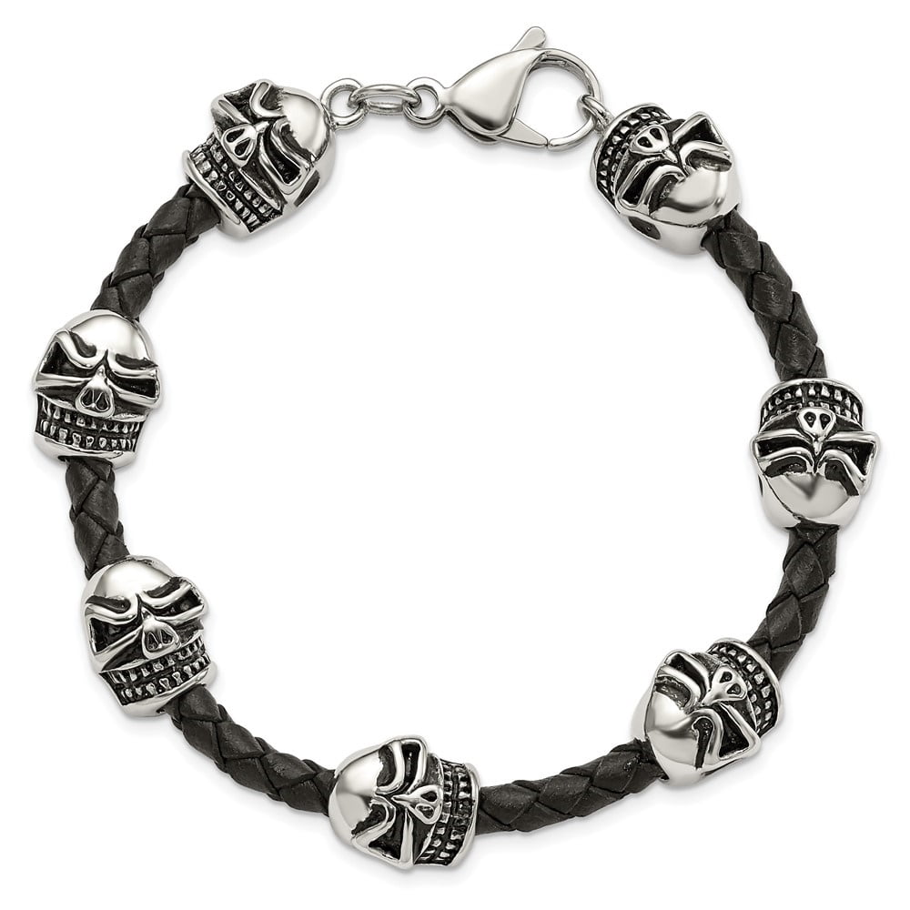 Diamond2Deal Stainless Steel Antiqued and Polished Skull Beads Black Braided Leather Bracelet for Men 8.5"