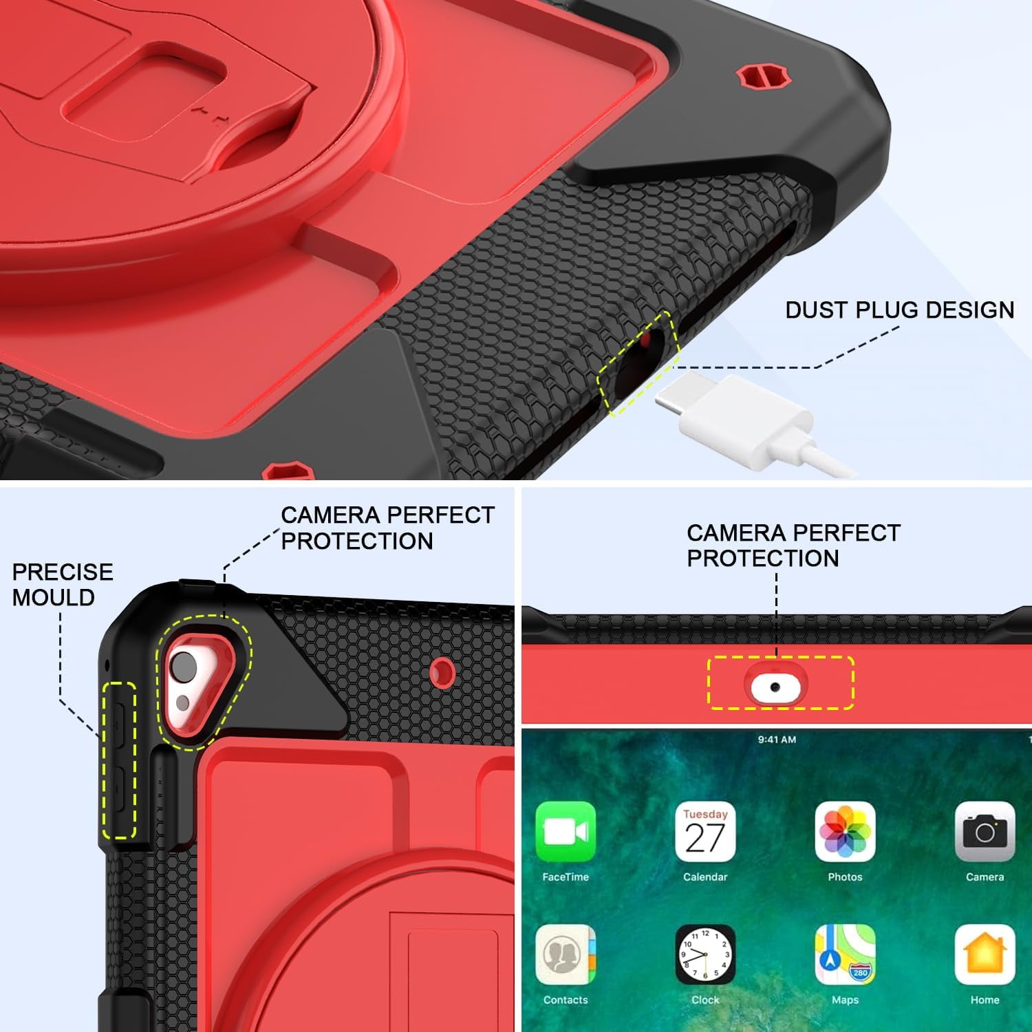 BMOUO iPad 6th / 5th Generation Case,iPad 9.7 2018/2017 Case,iPad Air 2 Case,3 Layer Shockproof [360 Swivel Stand][Hand Strap][Pencil Holder] Kids Case for iPad 9.7 Inch 2018/2017 - Black+Red
