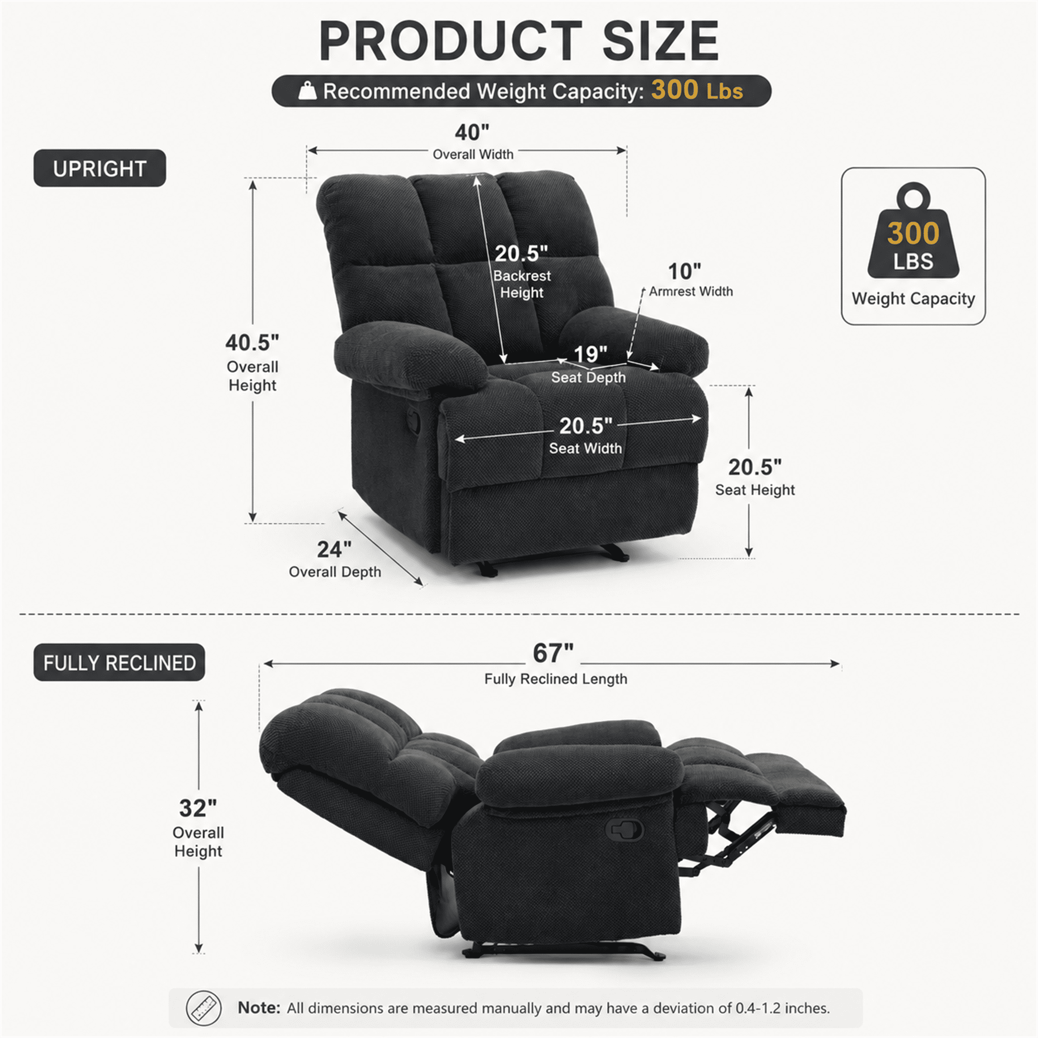 Homy Casa Rocking Recliner Chair, Manual Fabric Recliner with Footrest for Living Room, Dark Gray