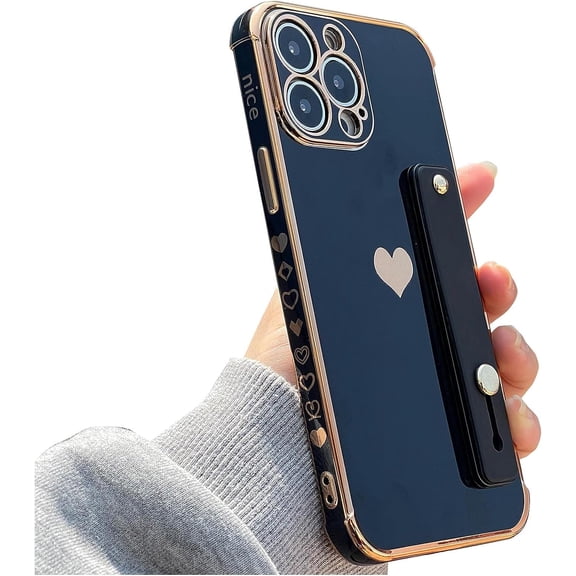 Compatible with iPhone 13 Pro Max Case with Strap, Cute Plating Love Heart Wristband Kickstand Case for Women Girls Soft TPU Protective Case for iPhone 13 Pro Max 6.7 Inch Black