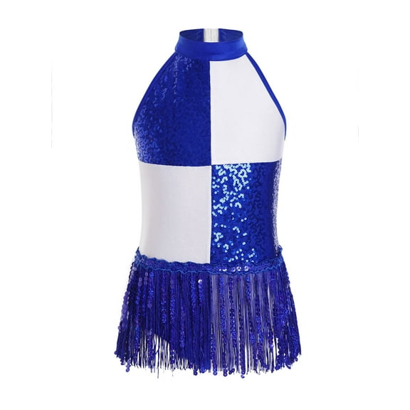 Nyeemya Kids Girls Color Block Latin Dance Leotard Shiny Sequins Tassel Halter Neck Ballroom Competition Dress Blue 16