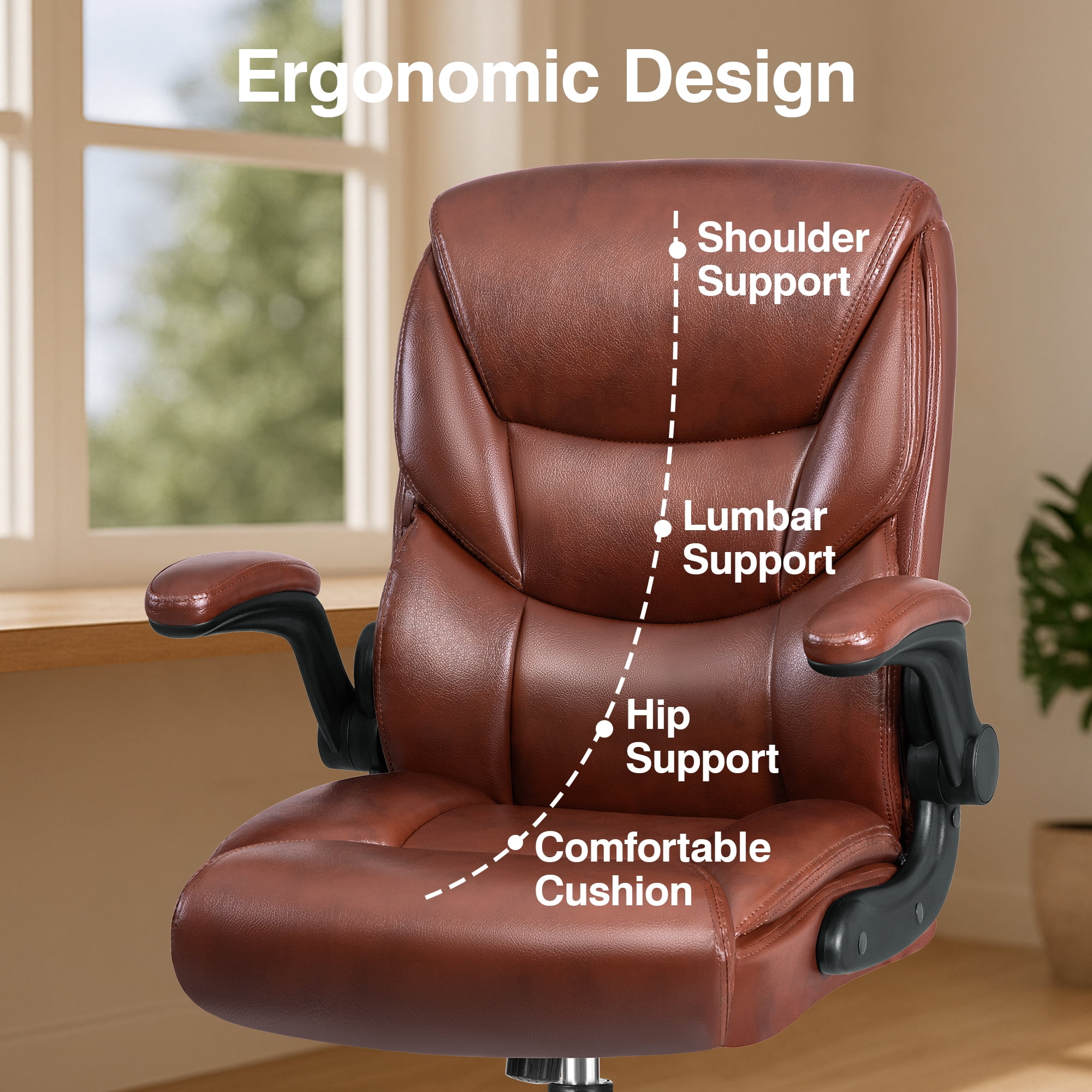 Primy Compact PU Leather Office Chair - Ergonomic Adjustable Height Computer Desk Chair with Flip-Up Armrests, Mid-Back Executive Swivel Chair on Wheels for Small Spaces & Petite Users, Brown
