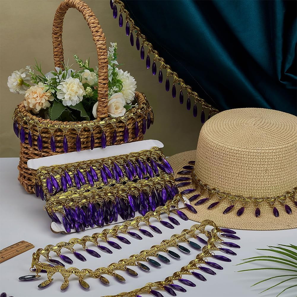 10 Yard Hanging Beads Fringe Lace 1.7 inch Wide Polyester Sewing Fringe Tassel Trim Gold Trim with Blue Purple Pendant for Sewing Cafts Wedding Party Decoration diy