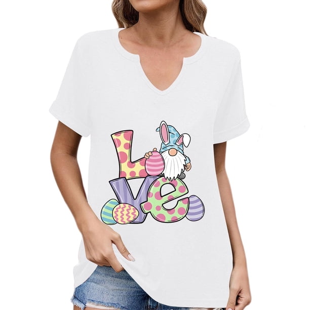 Corto para las Mujeres Casual Verano 2025 Pascua Impresión V-Cuello Camiseta, Ligero 95% Poliéster 5% Spandex Top para Toda la Temporada Hogar Y Diario