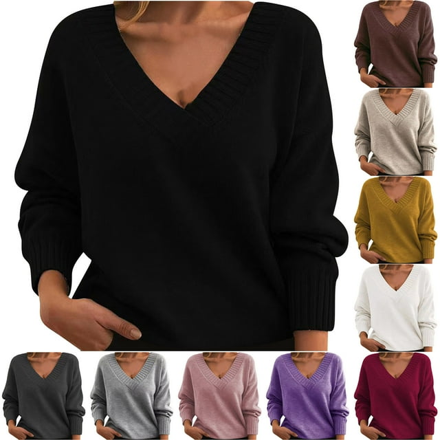 Sentmoon Fall Sweaters V Neck Lightweight and Warm Knitted Long Sleeve Oversized Sweaters for Women Solid Color Loose Plus Size Tops for Women Active Winter for Early Spring Weather L