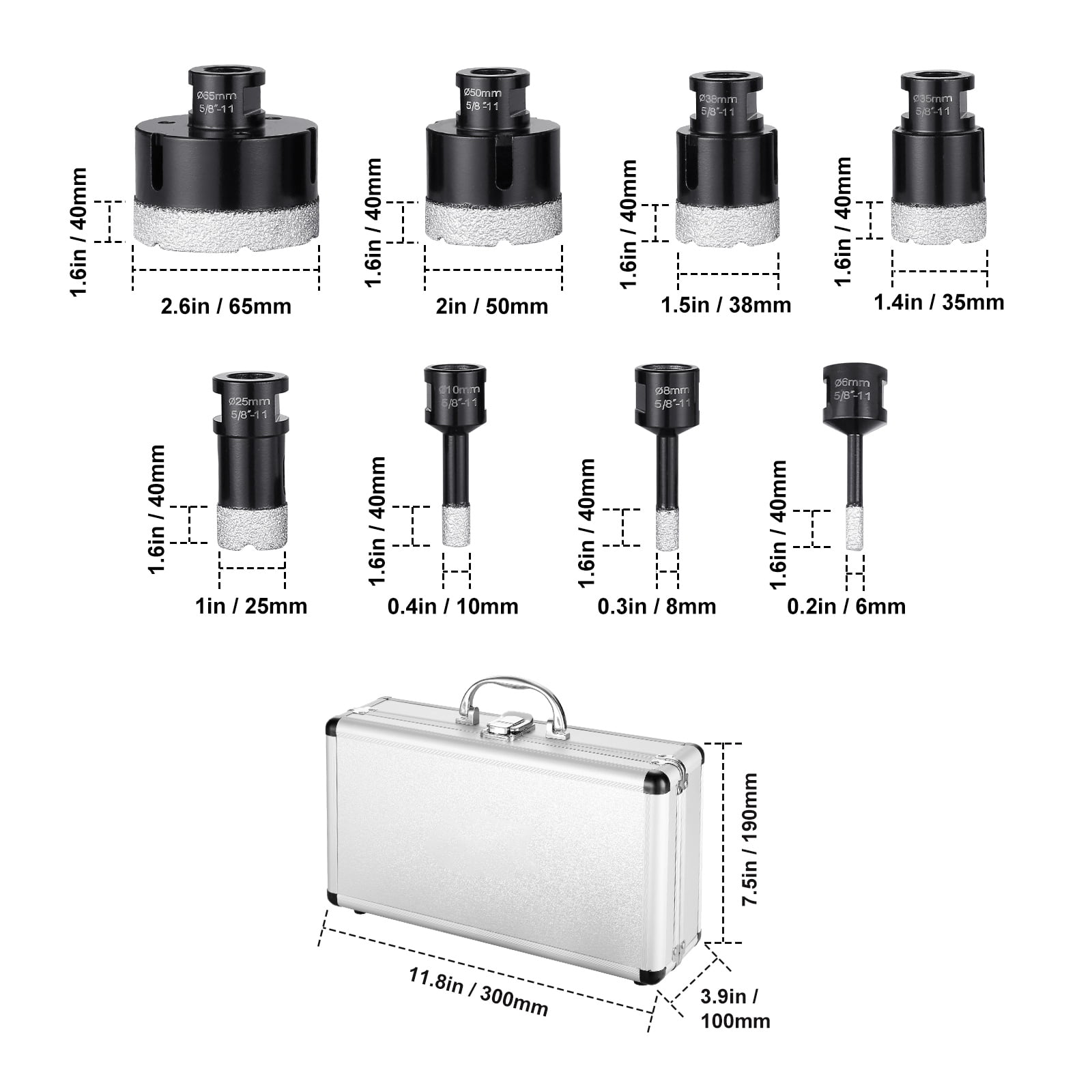 KFFKFF 8 PCS Diamond Core Drill Bit Set 6/8/10/25/35/38/50/65mm Diamond Hole Saw
