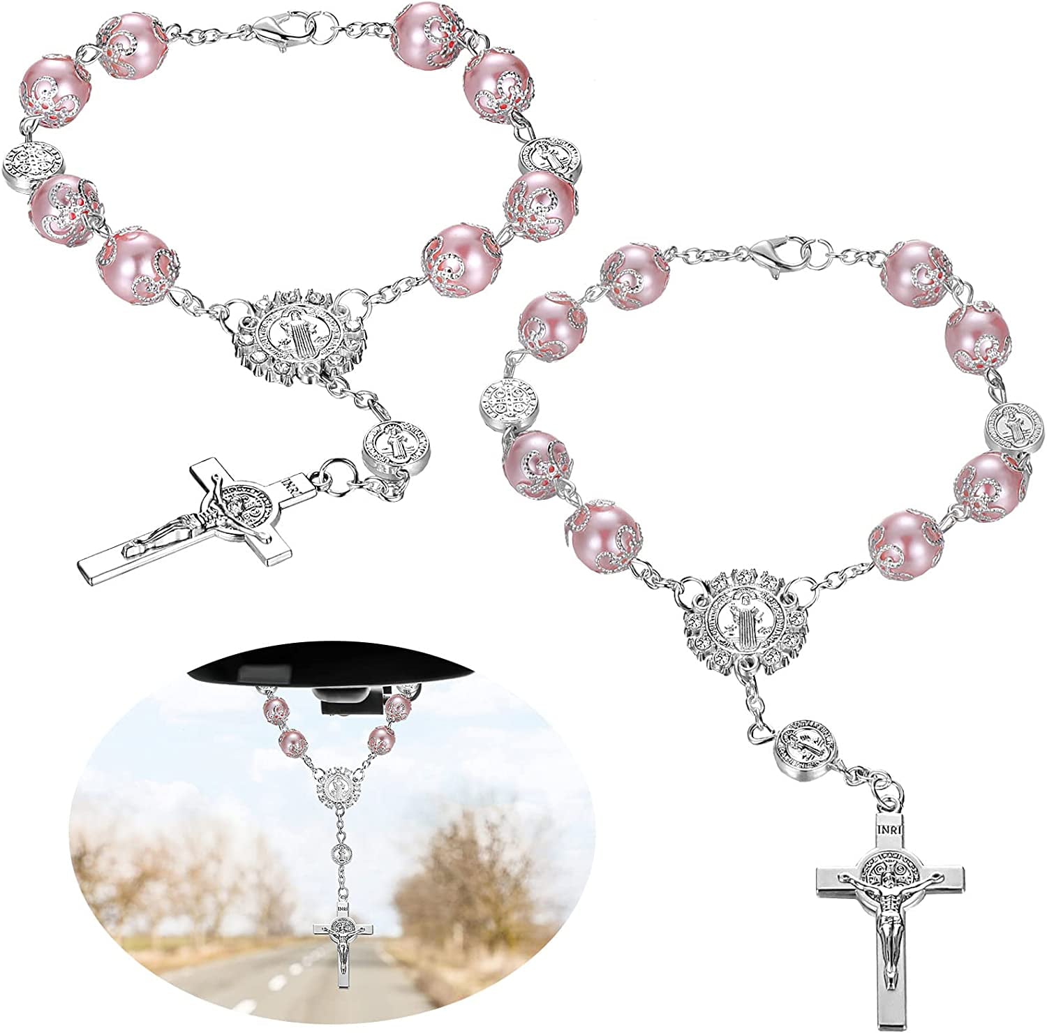 Saint Benedict Evil Protection Medal White Clear Crystal Beads Rosary Car Auto Mirror Rearview 