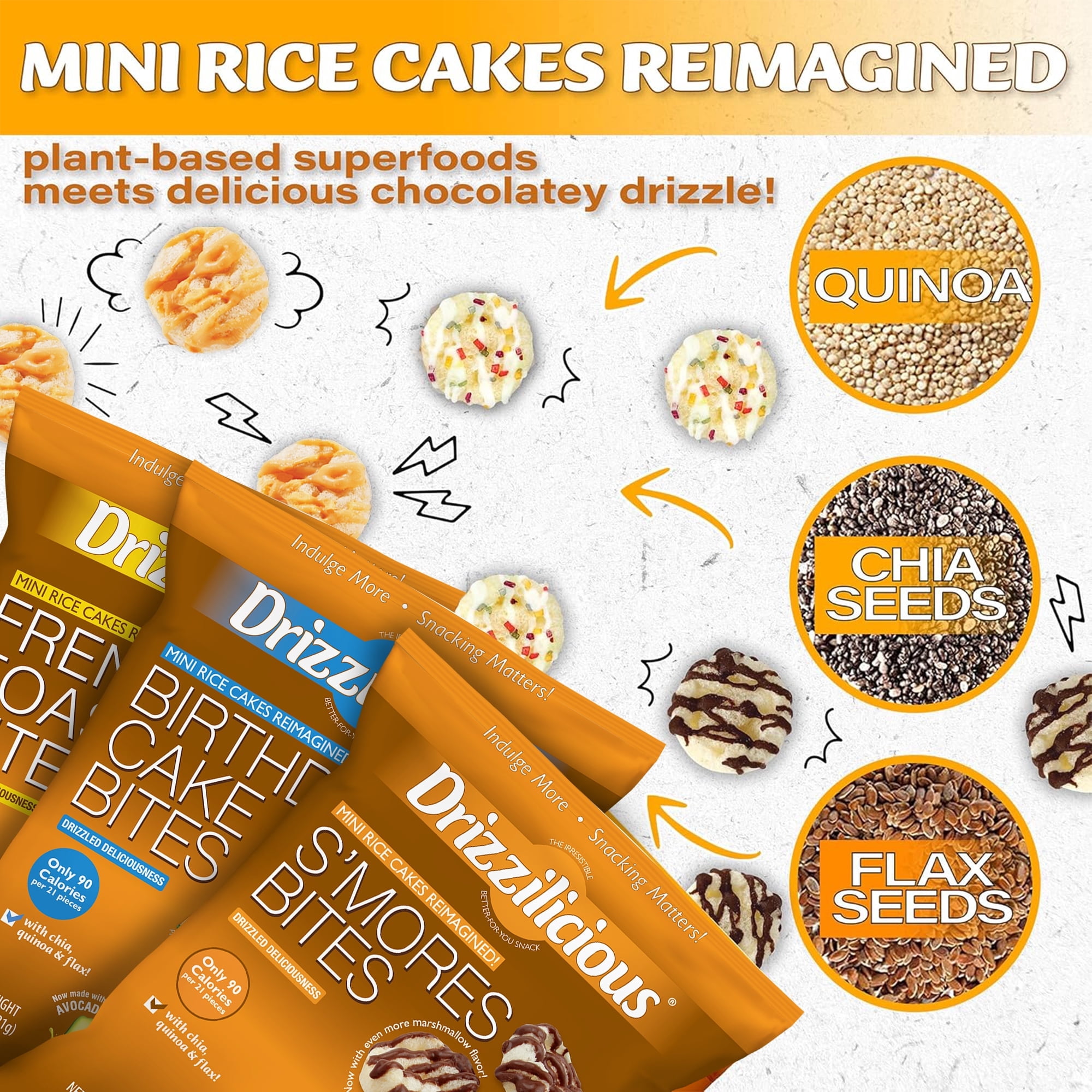 Drizzilicious Mini Rice Cakes, Multi Pack Flavored Rice Cake Gluten Free Snacks, Rice Crisps 20-Pack, Birthday Cake, Smores, French Toast
