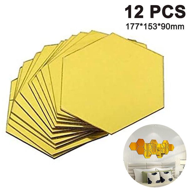 Pegatinas de pared hexagonal, 12 pegatinas de pared de espejo acrílico desmontables grandes, adecuadas para la decoración del dormitorio de la Sala de estar familiar