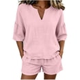 thumbnail image 3 of Women's Cotton Summer Two-Piece Set Short Sleeve V-Neck Ruffle Top, Elastic Waist Shorts, Casual Lounge Outfit, Solid Color Matching | TruHer,Pink XL, 3 of 8