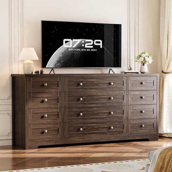 12 Drawers Wood Dressers for Bedroom, 63" Long Wooden Dresser for Living Room, Hallway, 16" Wide TV Stand Dresser for 65 Inch TV, Solid Wood Dressers, Modern Chest of Drawers for Adult