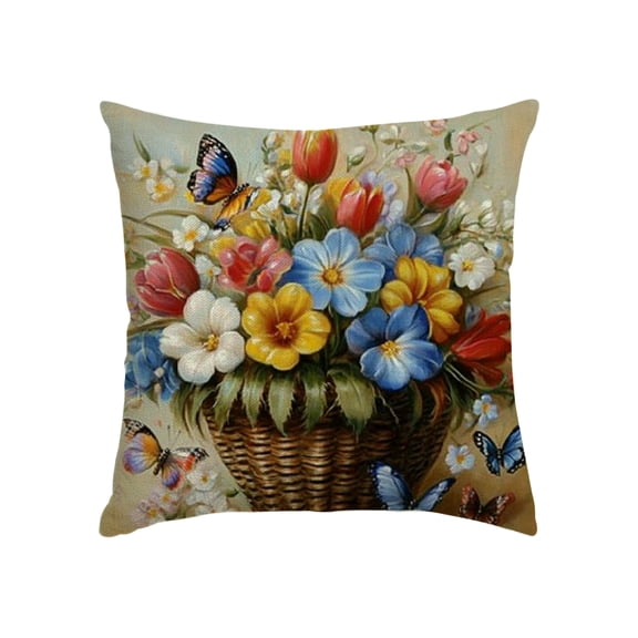 Spring Flower Pillow Covers, Butterfly Flowers Jar Decorative Throw Pillow Case Decoration, Seasonal Holiday Linen Cushion Covers for Couch Sofa Bedroom Home Decor