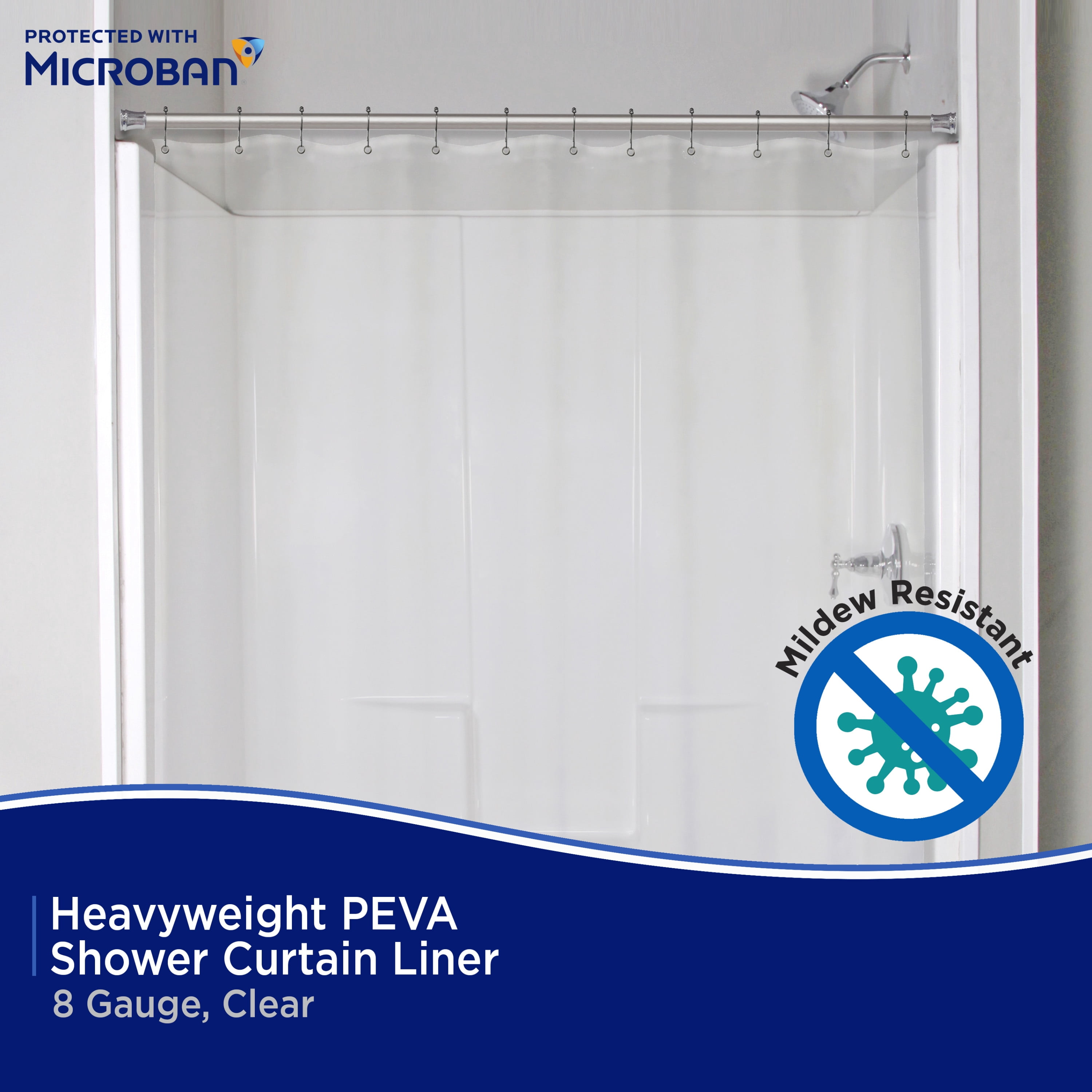 Kenney Microban Protected Heavyweight PEVA Shower Liner, 70" W x 72" H, Clear