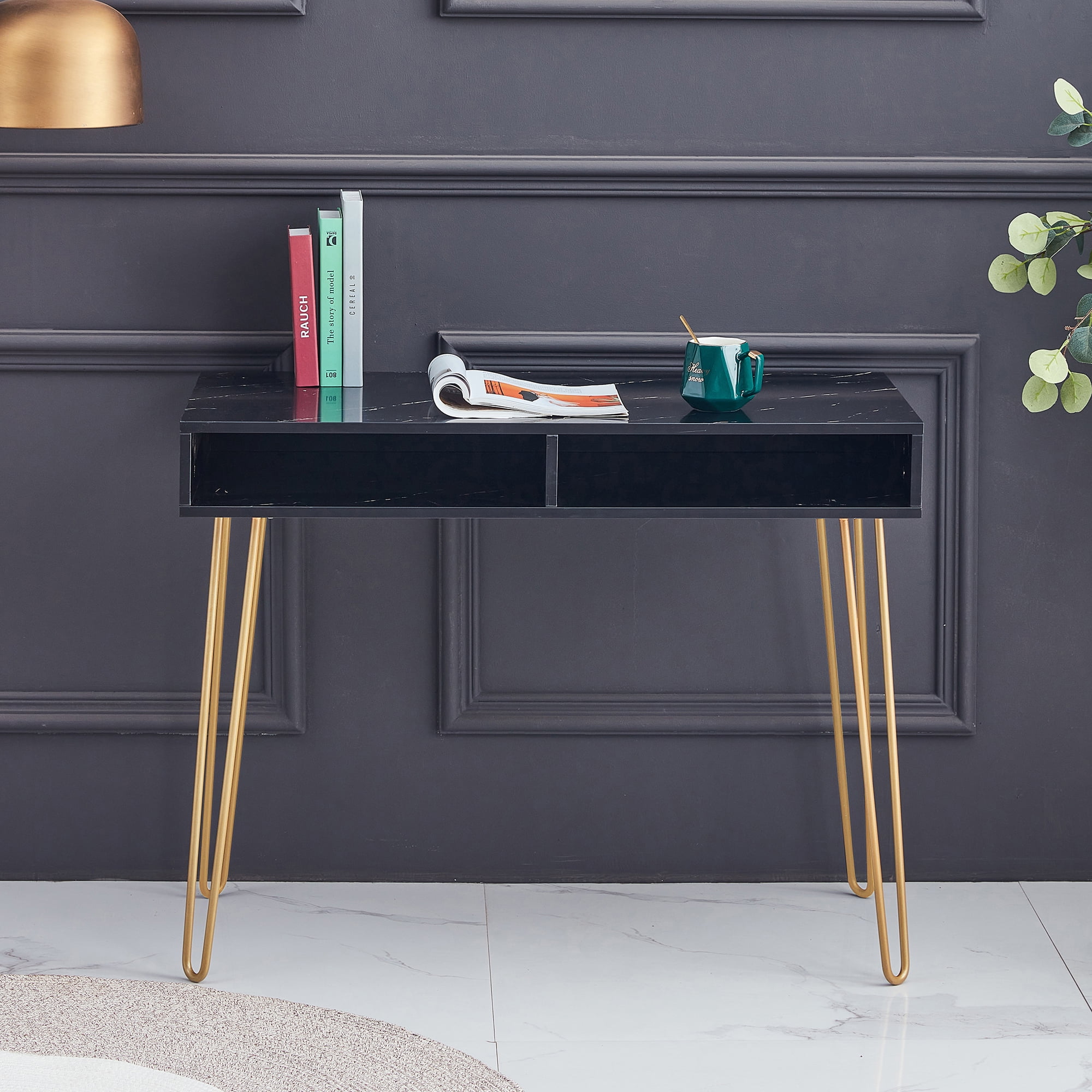 Private Jungle Beauty Table Consoles Table Side end Table Modern Marble MDF top,with Sturdy glod Metal Legs for Bedroom, Living Room, Dining Room, Kitchen,Black Private Jungle Beauty Table Consoles Table Side end Table Modern Marble MDF top,with Sturdy glod Metal Legs for Bedroom, Living Room, Dining Room, Kitchen,Black