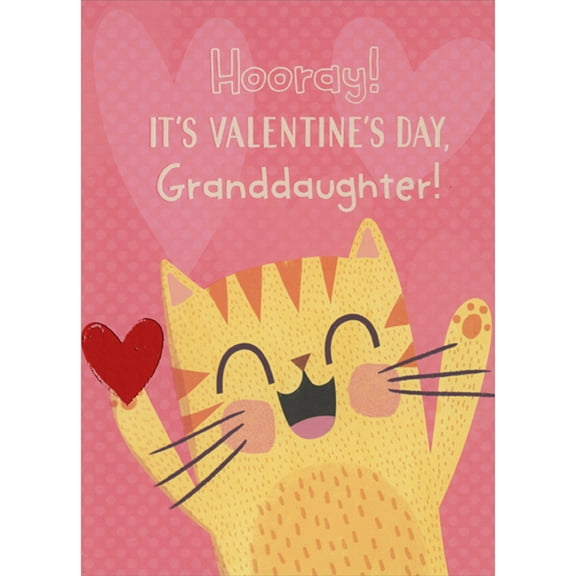 Designer Greetings Hooray: Smiling and Cheering Yellow Cat Holding Red Foil Heart Juvenile Valentine's Day Card for Granddaughter