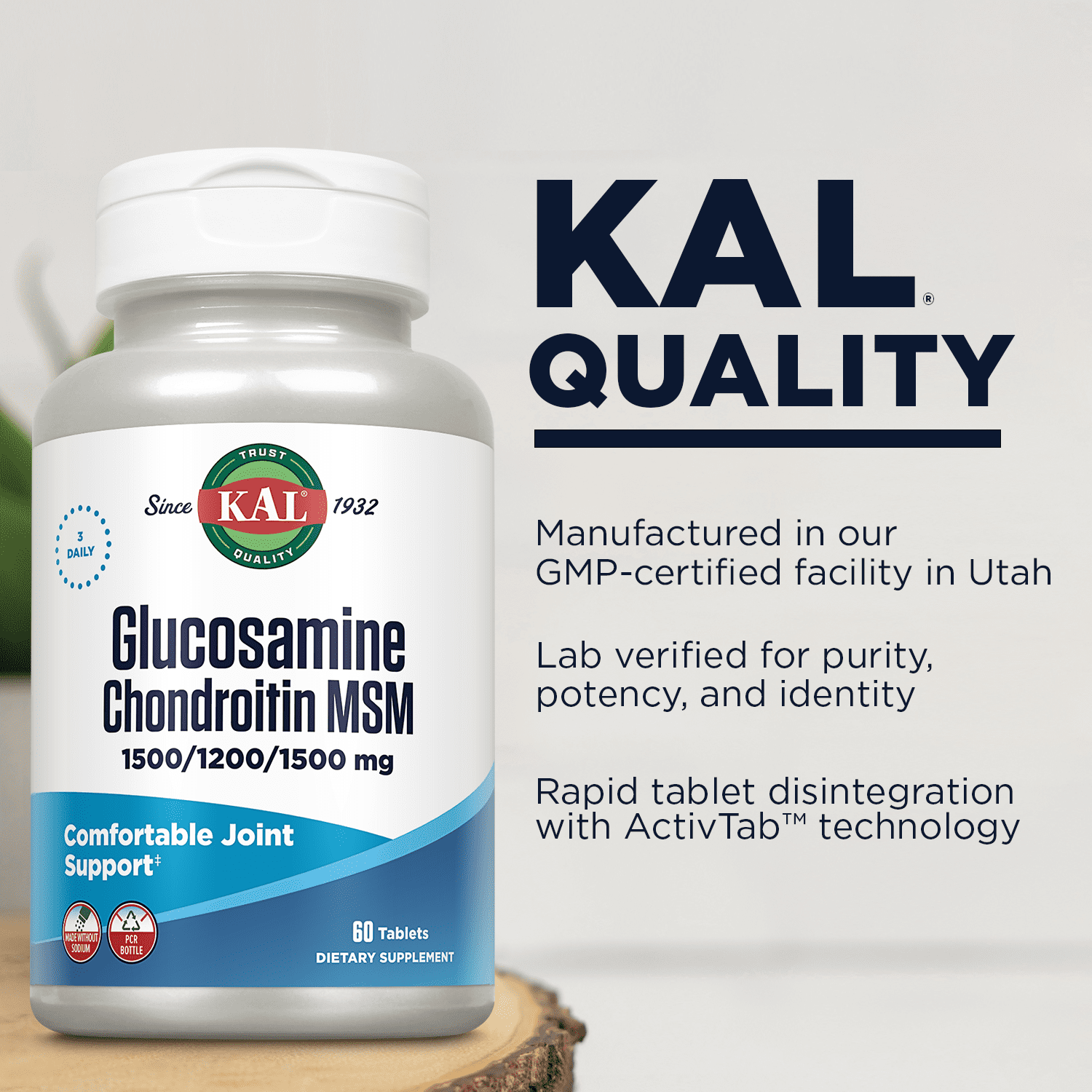 KAL Glucosamine Chondroitin MSM | Healthy Joint & Connective Tissue Support | Includes Antioxidant Vitamin C | Rapid Disintegration | 60 Tablets