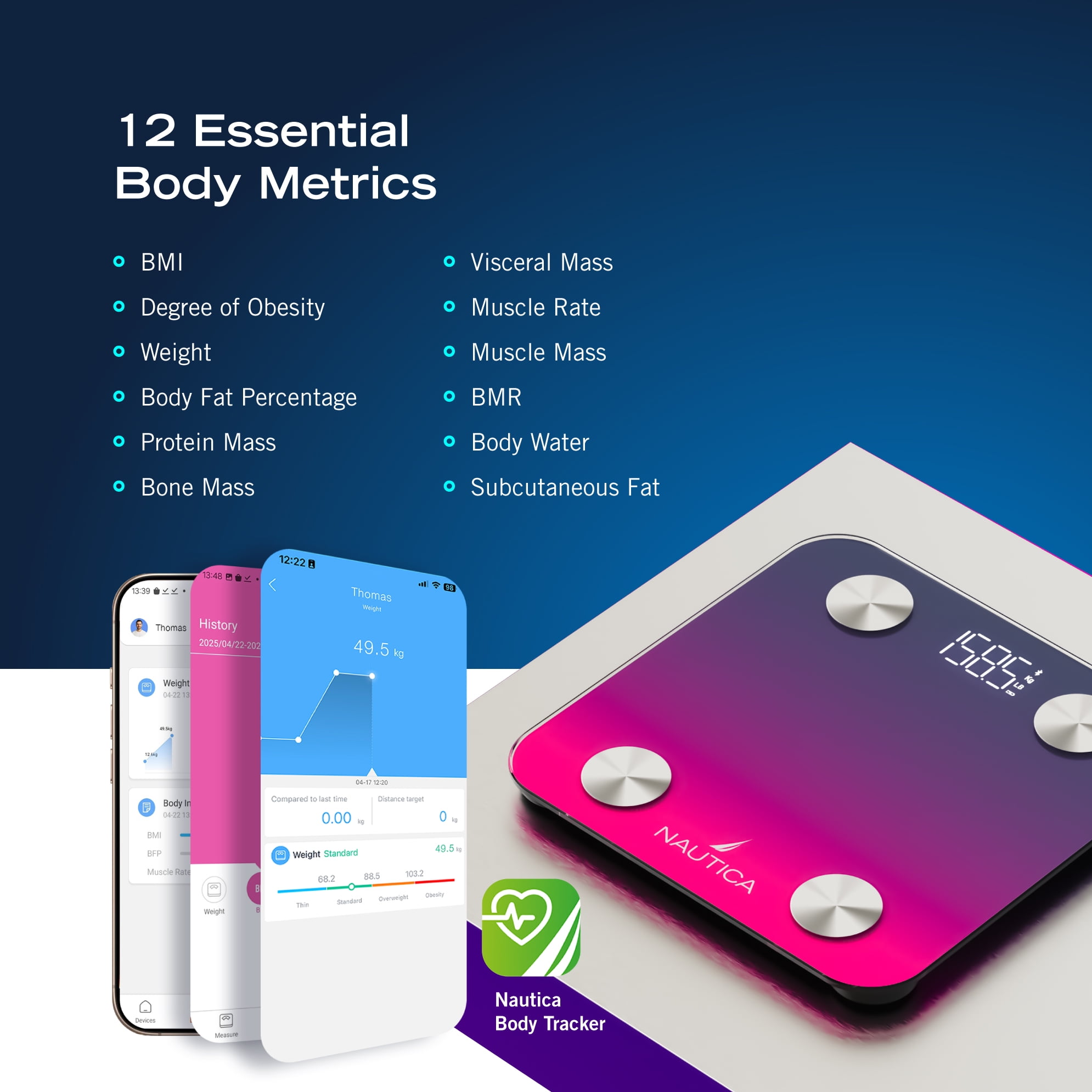 Nautica Body Tracker Smart Scale - 12 Body Metrics, Bluetooth Syncing, Stylish Design, iOS & Android Compatible