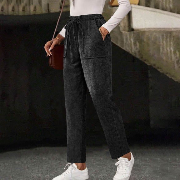 Straight Leg Corduroy Pants Women Comfy Drawstring Elastic Waist Pants Work Casual Trousers with Pockets Black L