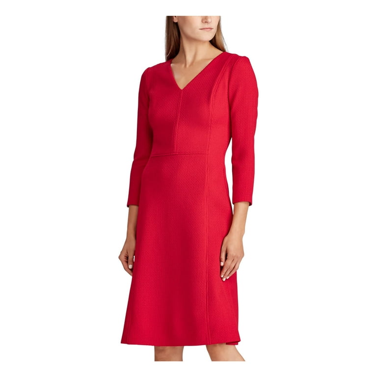 LAUREN RALPH LAUREN Womens Red Zippered 3/4 Sleeve V Neck