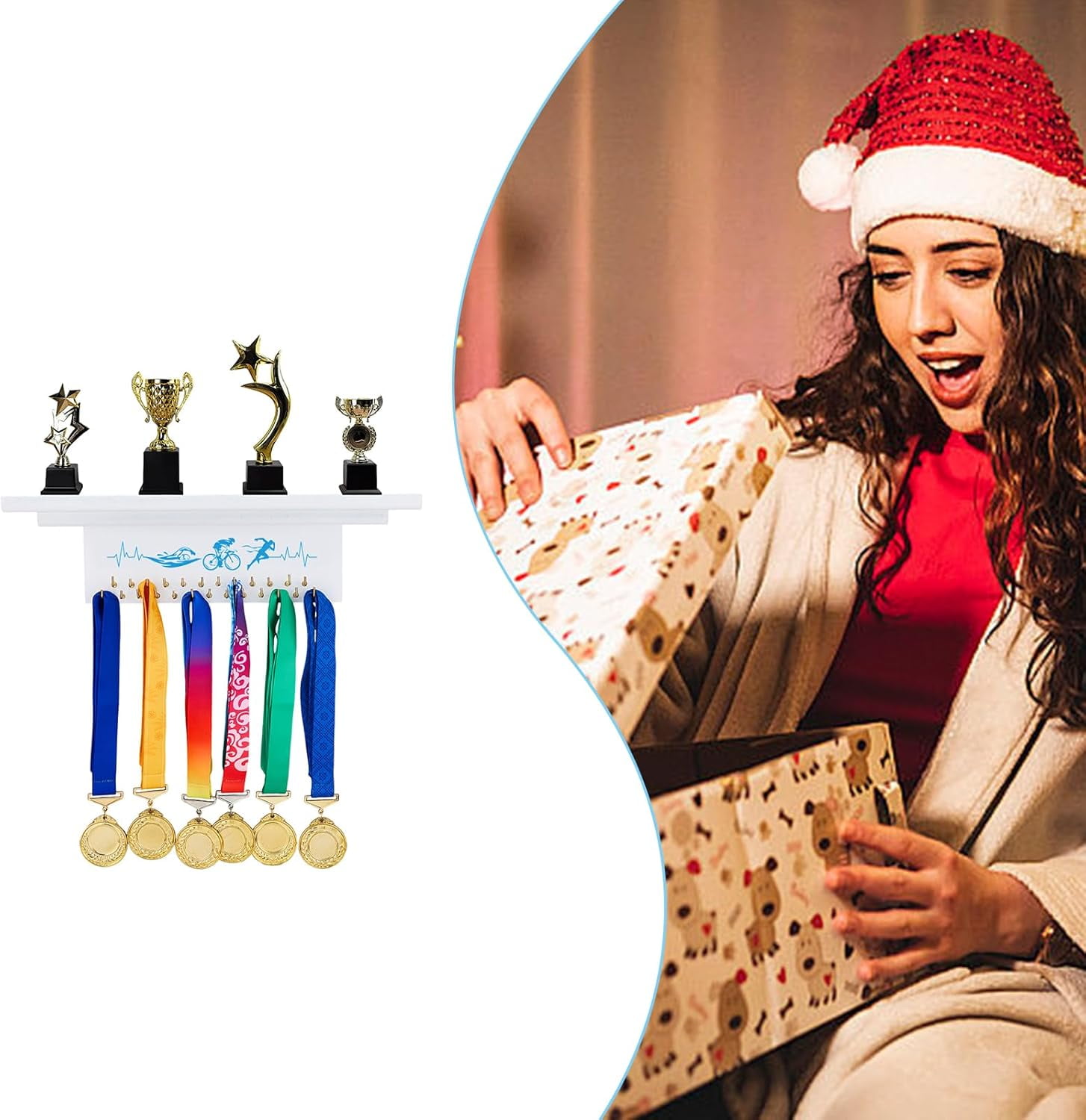 1 Set Sports Wooden Medal Hanger Display with Trophy Shelf Triathlon Medal Holder Trophy Display Shelf Run Swim Bike Ribbon Holder Medals Wall Hanger Race Wood Award Ribbon Organizer for Gymnast