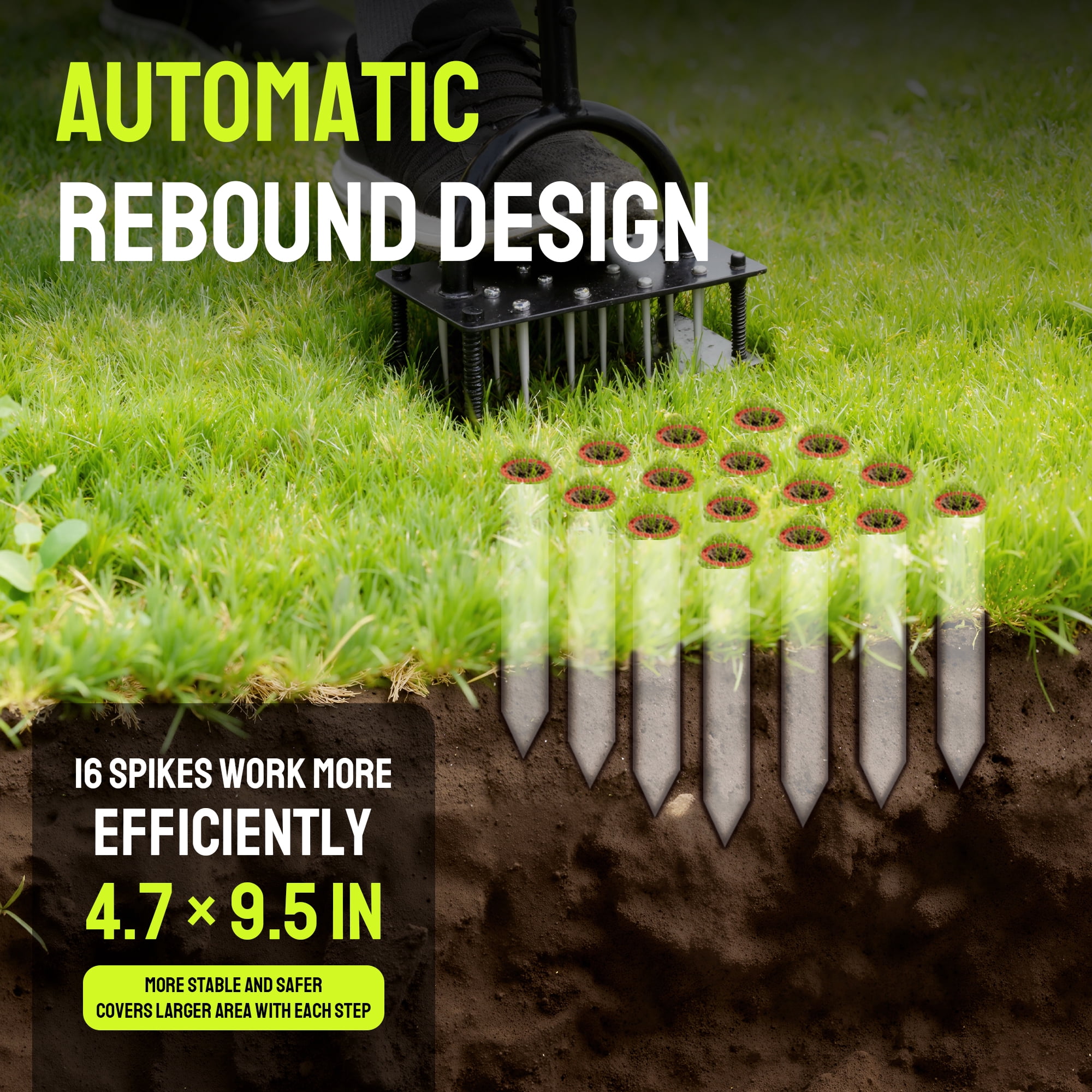 Steelite Lawn Aerator Tool,Grass Aerator with 16 Steel Spikes, Auto-Cleaning Spring Design,Manual Grass Aerators for Lawn, Yard, Garden Soil Loosening & Aeration