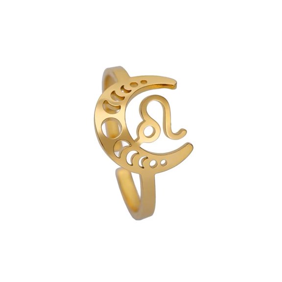 HIJONES Women's Stainless Steel 12 Celestial Sign Constellation Geometric Moon Hollow Rings Gifts for Birthday Open Rings Gold Lion Adjustable