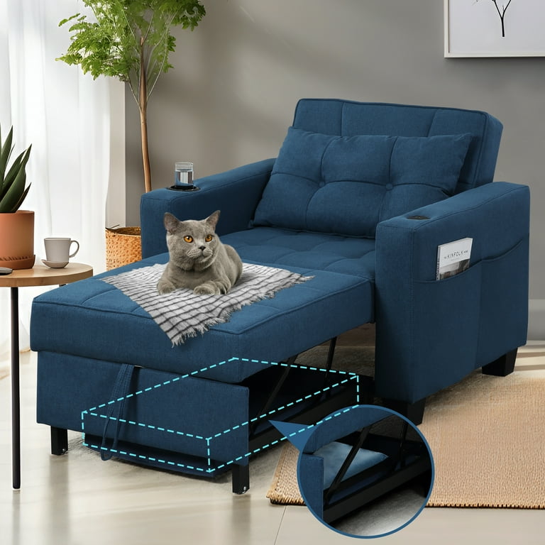 Durae 3 In 1 Convertible Sleeper Sofa Pull Out Chair Bed With Usb Port Sleeping Couch Blue Com