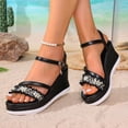 thumbnail image 3 of Rokment Womens Pearl Rhinestones Charms Platform Wedge Dressy Sandals Elegant Leather Chunky High Heels Bride Wedding Fashion Casual Dress Summer Shoes Black Size 6.5, 3 of 6