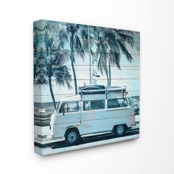 The Stupell Home Decor Blue Tinted Retro Van By the Beach Planked Look Canvas Wall Art