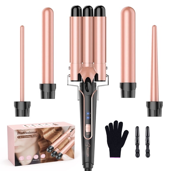 Bestope Waver Curling Iron Curling Wand, 5 In 1 Curling Wand Set With 3 Barrel Hair Crimper For Women, Fast Heating Crimper Wand Curler In All Hair Type - Rose Gold