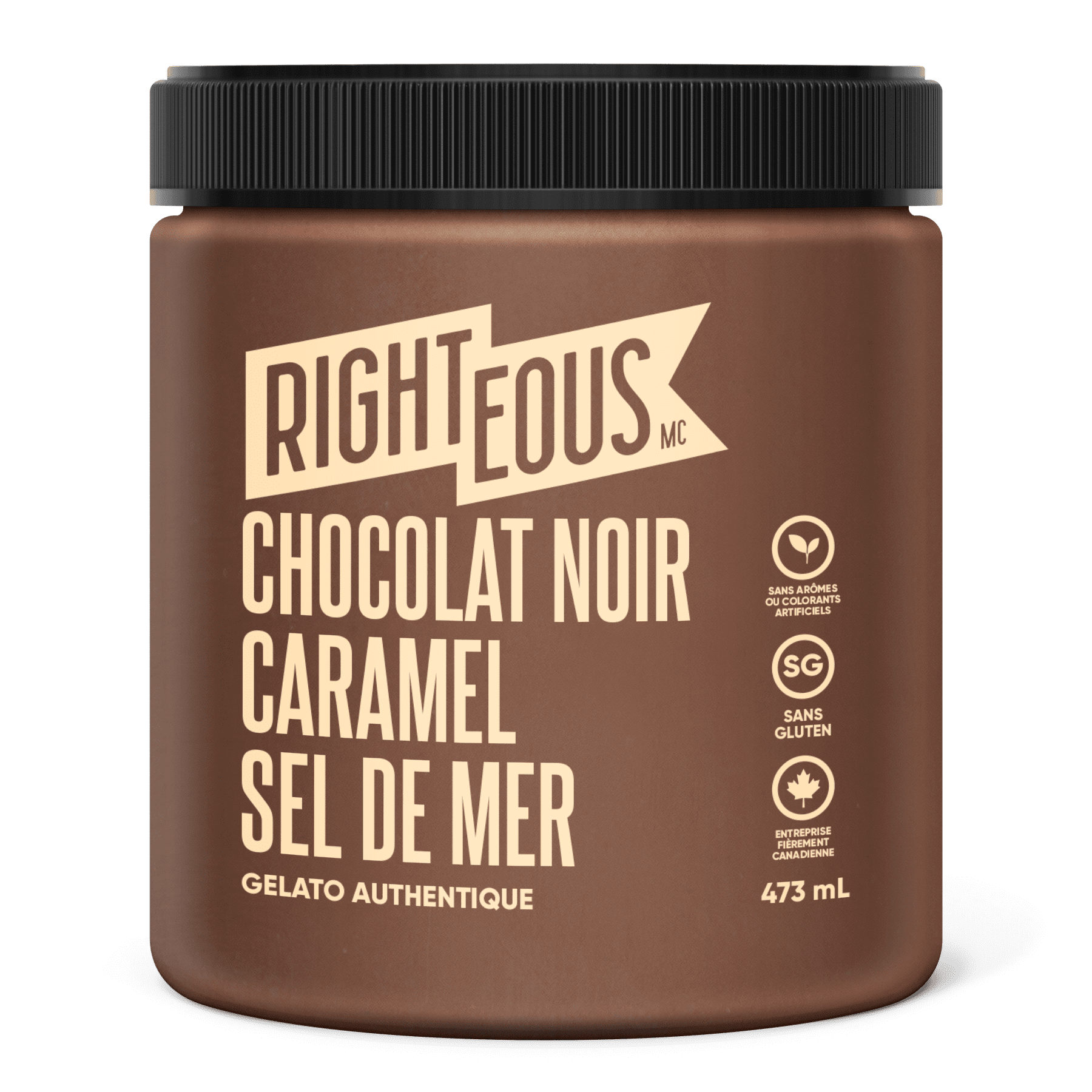 RT DRK CHOCO CARA SS, RIGHTEOUS GELATO DARK CHOCOLATE CARAMELSEA SALT-Dark Chocolate Gelato made with Dutch Cocoa and ripples of caramel and sea salt sprinkled throughout.