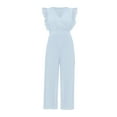 thumbnail image 1 of Women's Summer V-Neck Ruffled Jumpsuit - High Belt, Accordion Pleated, Sleeveless, Polyester - Solid Color, S-XXL, 1 of 7