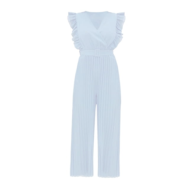 Women's Summer V-Neck Ruffled Jumpsuit - High Belt, Accordion Pleated, Sleeveless, Polyester - Solid Color, S-XXL