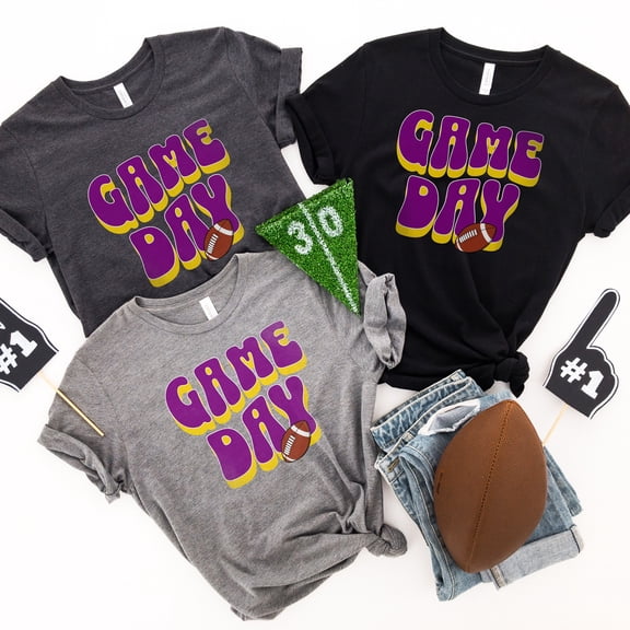 Game Day Football Shirt Purple and Gold | Game Day Women's Tee | Game Day Shirt | Game Day Tee | College Football Shirt | Game T-Shirt (Colors:Dark Grey Heather; Sizes:XL;)