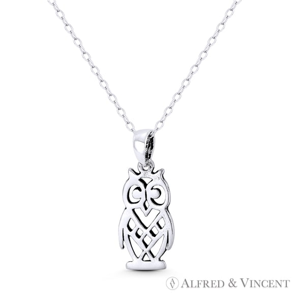 Perched Owl Bird Animal Charm 23x10mm (0.9x0.4in) Pendant & Chain Necklace in Oxidized .925 Sterling Silver