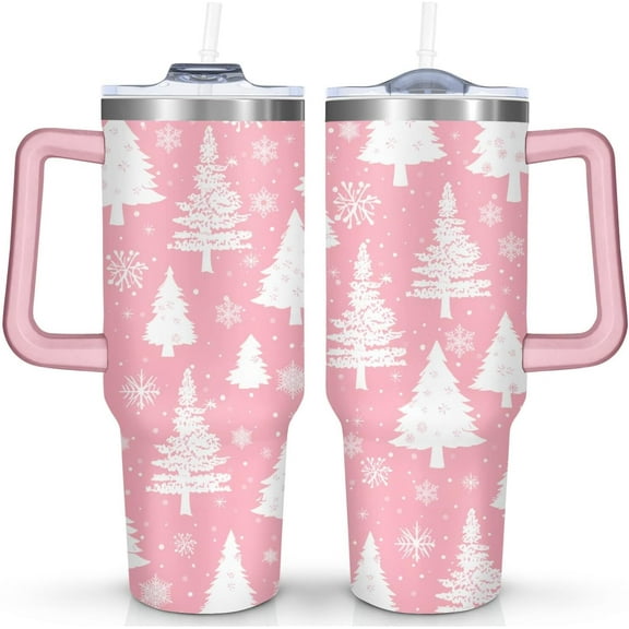 40oz White Christmas Trees & Snowflake Stainless Steel Tumbler with Handle and Straw - Retro Winter Holiday Cup Gift for Women & Girls