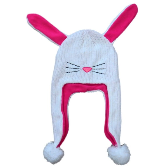 Womens White Knit Bunny Rabbit Peruvian Style Trapper Hat Fleece Lined